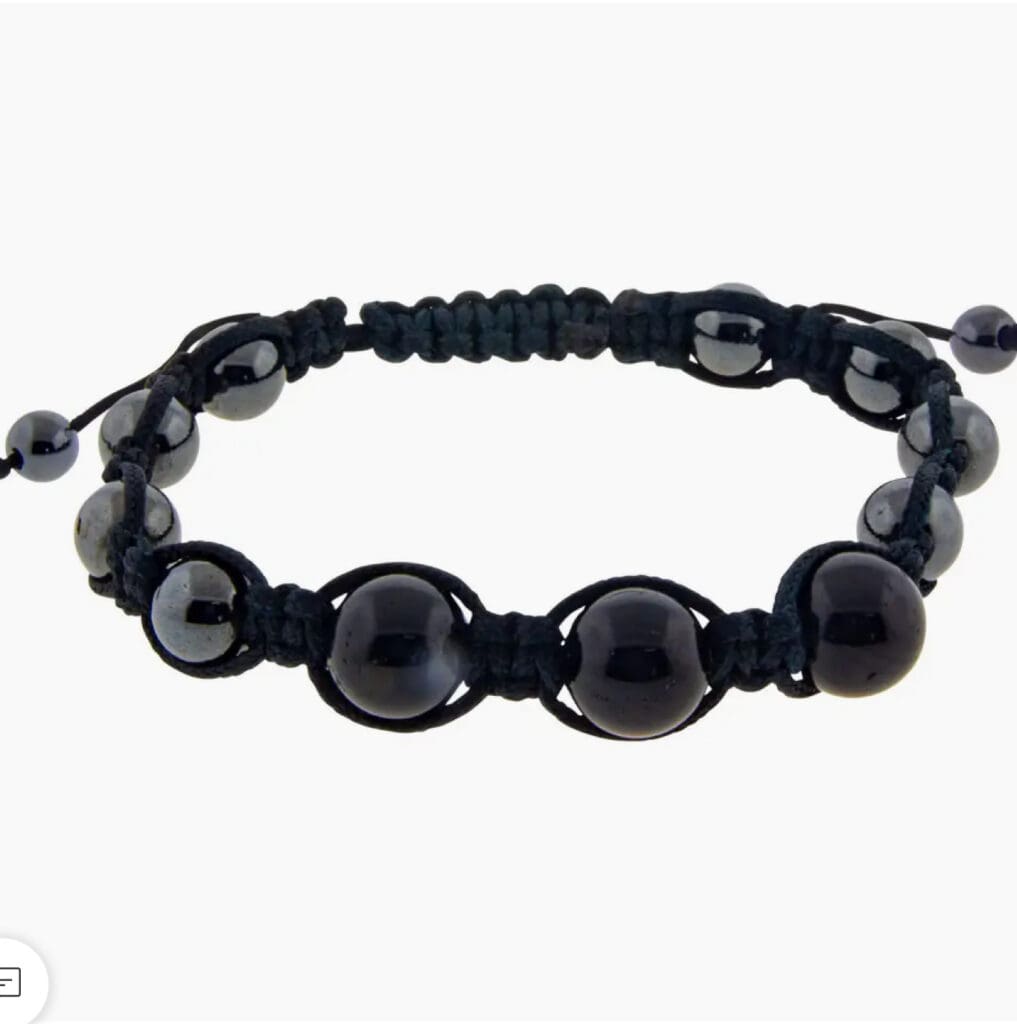Black beaded bracelet with adjustable cord and silver accents.