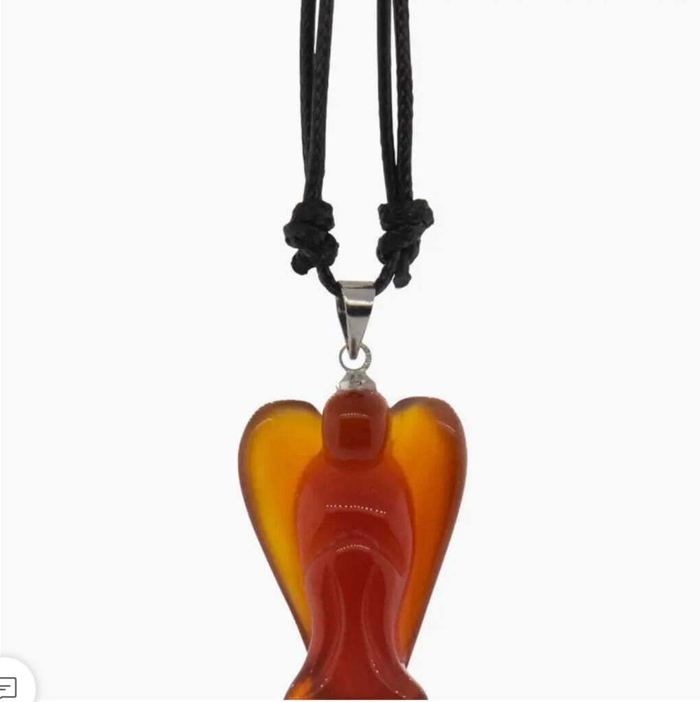 Amber-colored angel pendant on a black cord necklace.