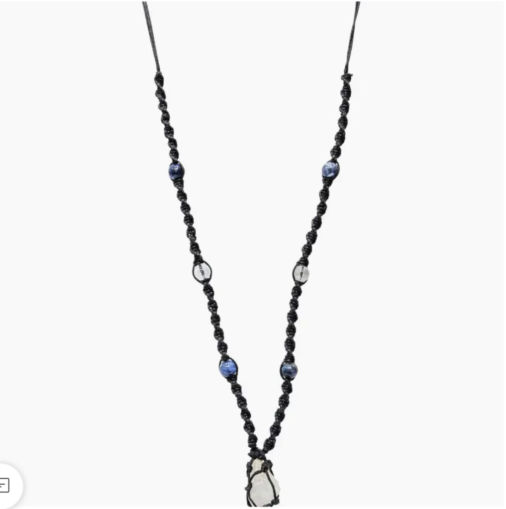 Elegant black beaded necklace with a central pendant and blue accents.