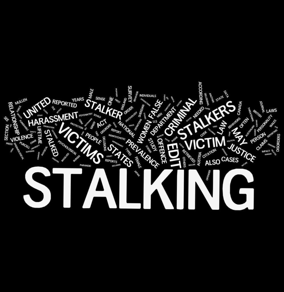 Word cloud highlighting stalking and related terms.